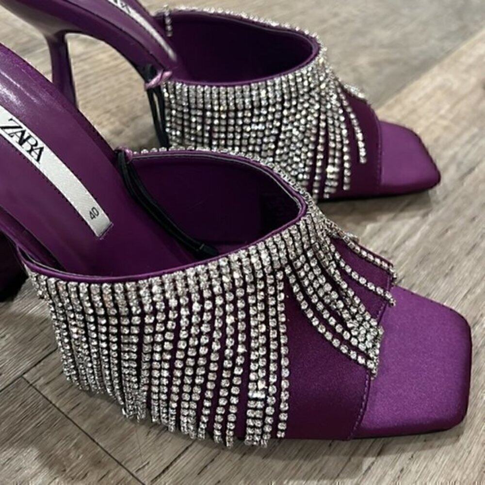 Zara Purple Rhinestone Fringe Mule Heels Statement Sandals NWT - Picture 8 of 14